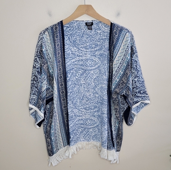 Anthropologie Roffe | Boho Blue Patterned Kimono Cardigan Fringe Hem One Size - Picture 8 of 8